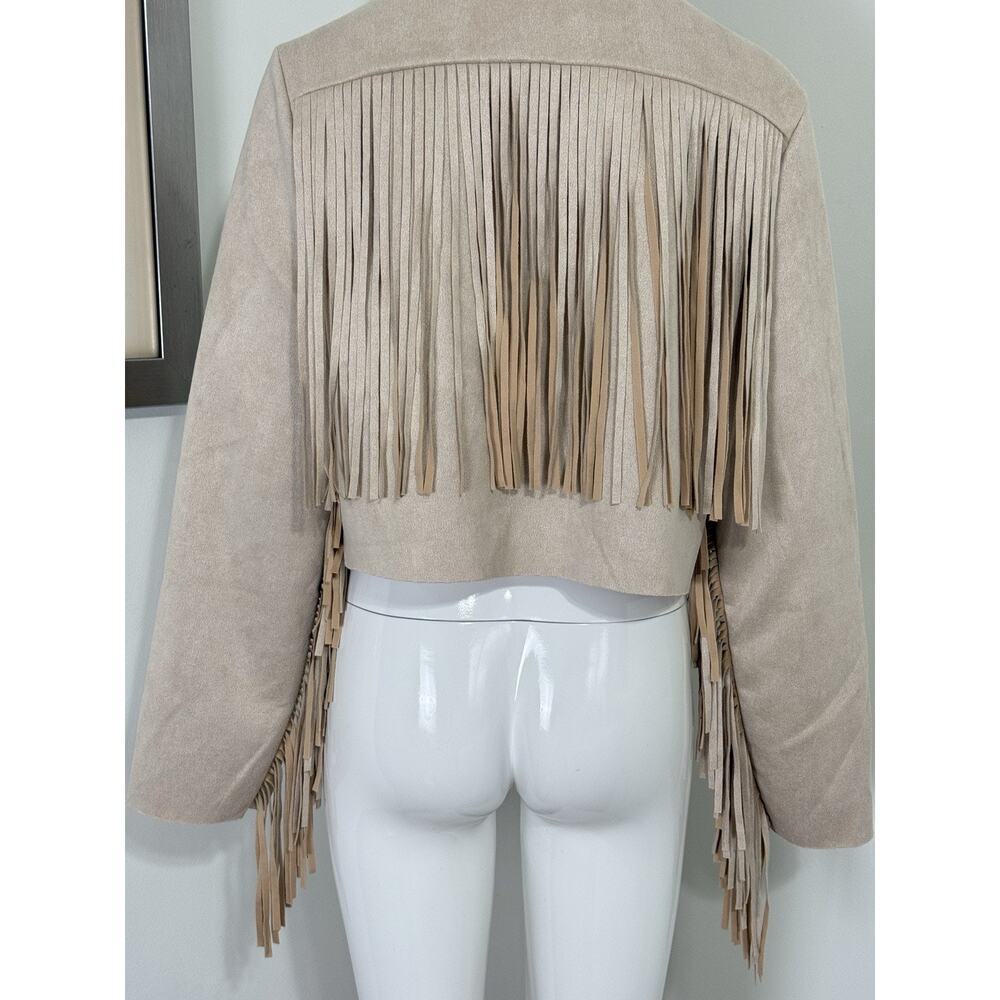 Women’s Boho Western Fringe Faux Suede Jacket Beige Festival Cowgirl Size L - Picture 9 of 13